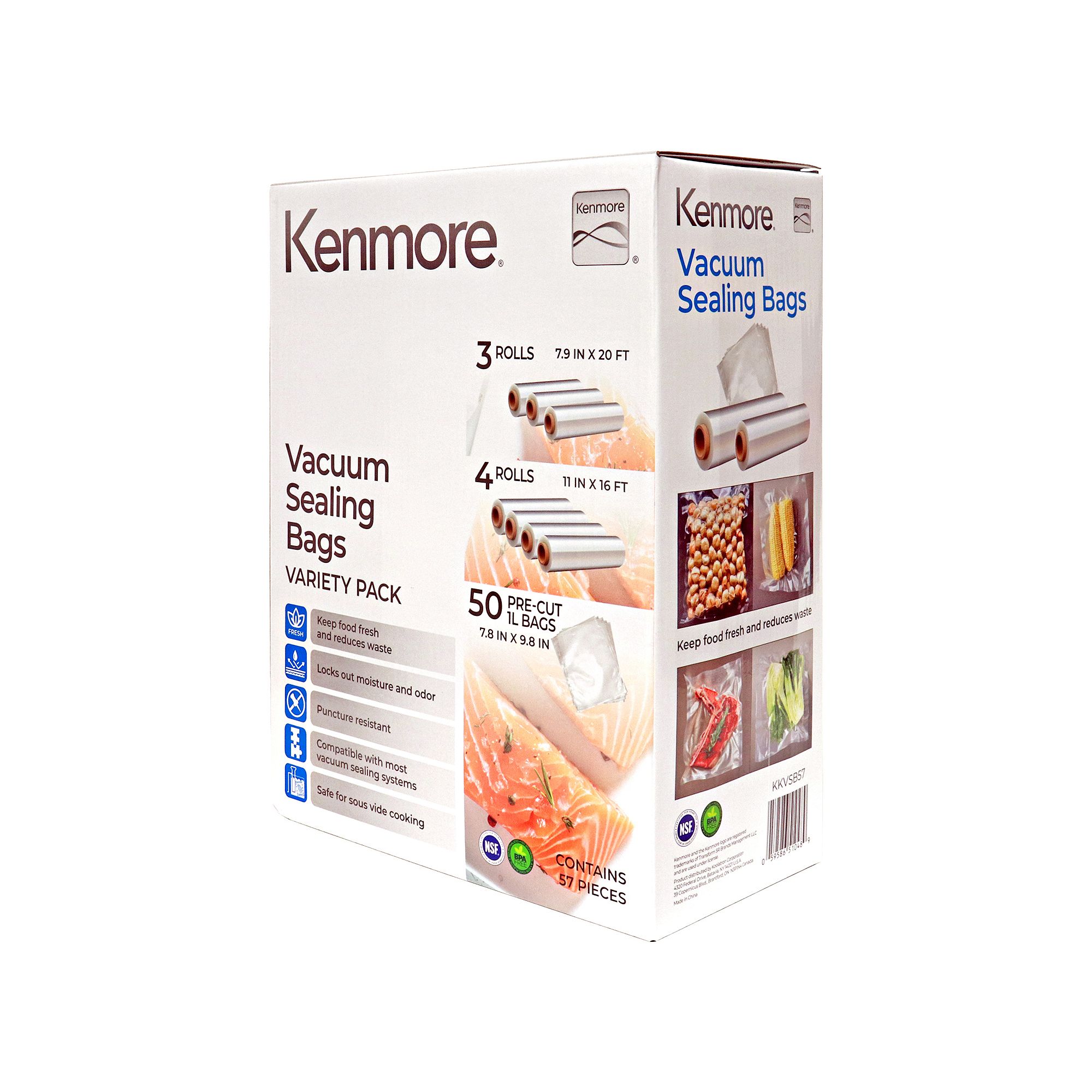 Kenmore Food Sealer Bags Variety Pack with 7 Rolls and 50 Quart Bags, Multi