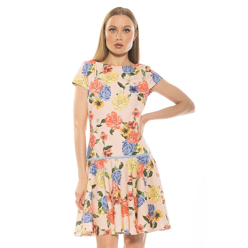 Women's ALEXIA ADMOR Aoife Boatneck Cap Sleeve Dropped Waist Dress,