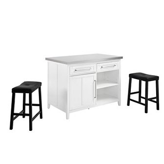 Crosley Silvia Island & Upholstered Saddle Stool 3 pc Set