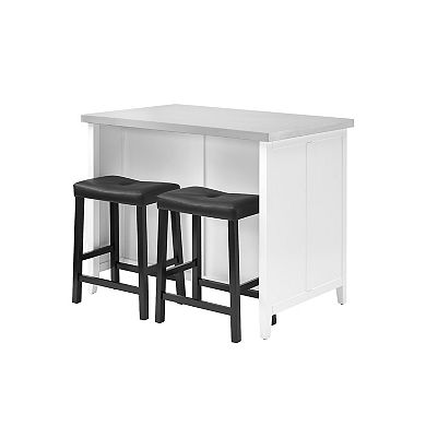 Crosley Silvia Island & Upholstered Saddle Stool 3-piece Set