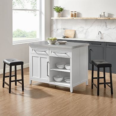 Crosley Silvia Island & Upholstered Saddle Stool 3-piece Set