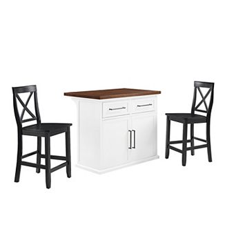 Crosley Bartlett Wood Top Kitchen Island & X-Back Stools Set