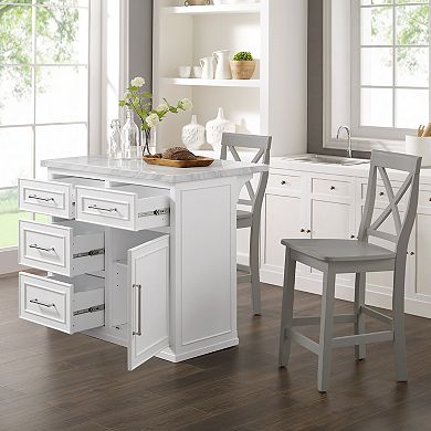 Crosley Cutler Faux Marble Top Kitchen Island & X-Back Stools Set