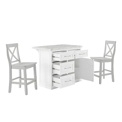 Crosley Cutler Faux Marble Top Kitchen Island & X-Back Stools Set