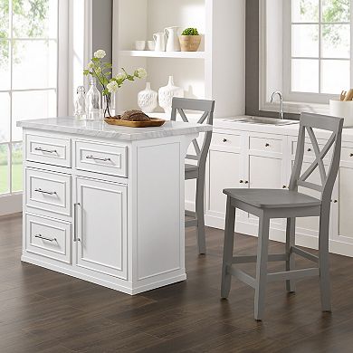 Crosley Cutler Faux Marble Top Kitchen Island & X-Back Stools Set
