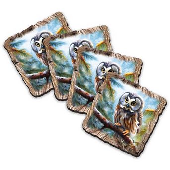 Owl Wooden Cork Coasters Gift Set Of 4
