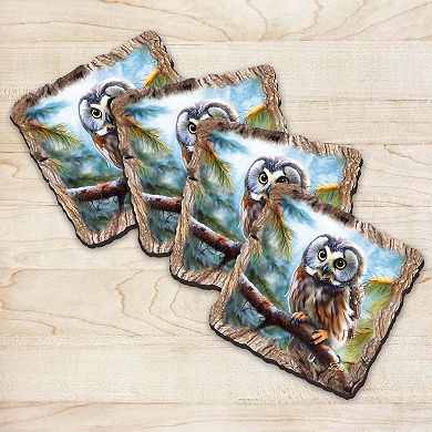 Owl Wooden Cork Coasters Gift Set Of 4