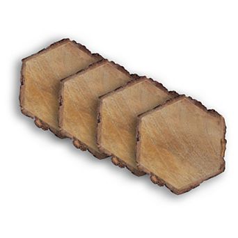 Dainty Home Wood With Tree Bark Designed 4" Hexagon Coaster Set Of 4