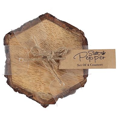 Dainty Home Wood With Tree Bark Designed 4" Hexagon Coaster Set Of 4
