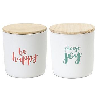 Stoneware Happy Sentiment Canister With Wood Lid (set Of 2)