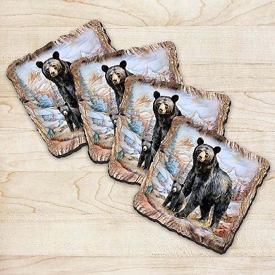 Black Bear Wooden Cork Coasters Gift Set Of 4