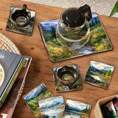 Mountain River Wooden Cork Placemat And Coasters Gift Set Of 7