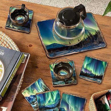 Nothern Lights Wooden Cork Placemat And Coasters Gift Set Of 7