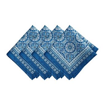 Vietri Medallion Blue Block Print Stain & Water Resistant Napkins, 17"x17", Set Of 4