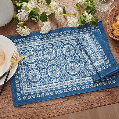 Vietri Medallion Blue Block Print Stain & Water Resistant Napkins, 17"x17", Set Of 4