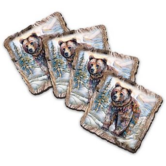 Grizzly Bear Wooden Cork Coasters Gift Set Of 4