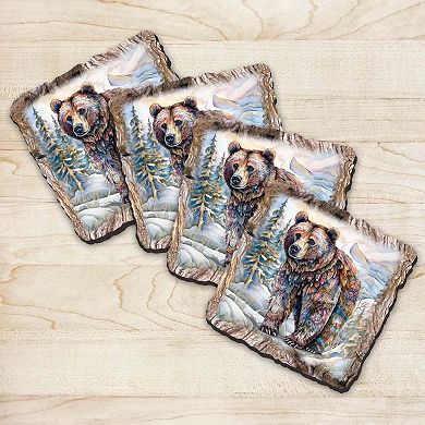 Grizzly Bear Wooden Cork Coasters Gift Set Of 4