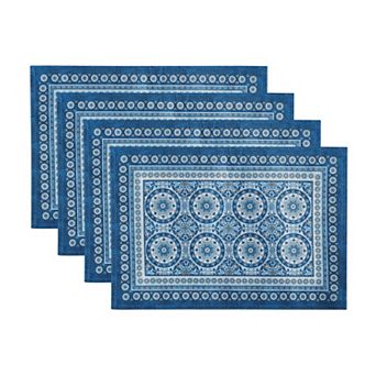Vietri Medallion Blue Block Print Stain & Water Resistant Placemats, 13"x19", Set Of 4