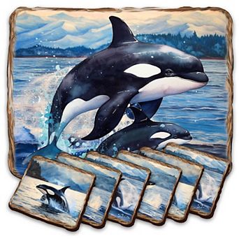 Playful Orcas Wooden Cork Placemat And Coasters Gift Set Of 7