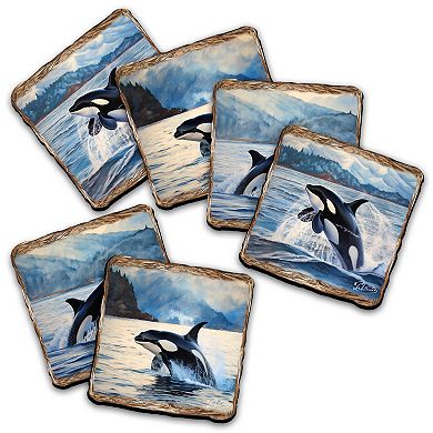 Playful Orcas Wooden Cork Placemat And Coasters Gift Set Of 7