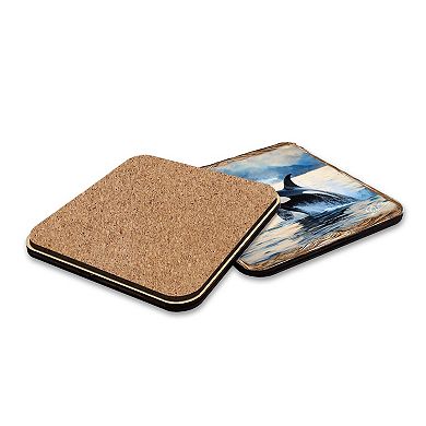 Playful Orcas Wooden Cork Placemat And Coasters Gift Set Of 7