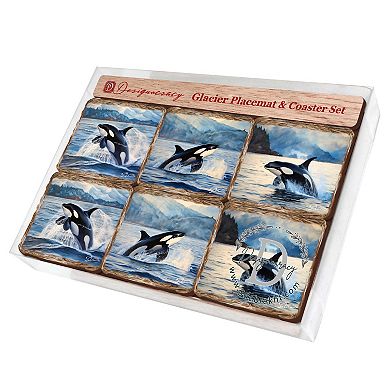 Playful Orcas Wooden Cork Placemat And Coasters Gift Set Of 7