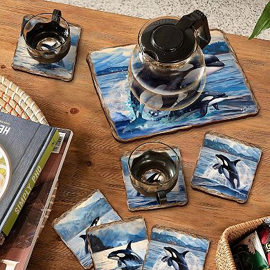 Playful Orcas Wooden Cork Placemat And Coasters Gift Set Of 7