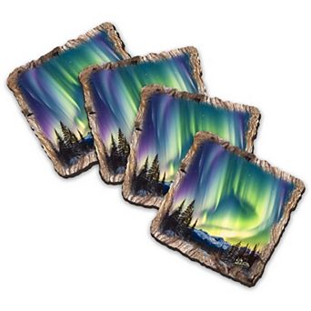 Nothern Lights Wooden Cork Coasters Gift Set Of 4