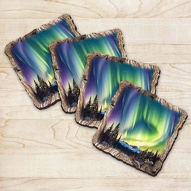 Nothern Lights Wooden Cork Coasters Gift Set Of 4