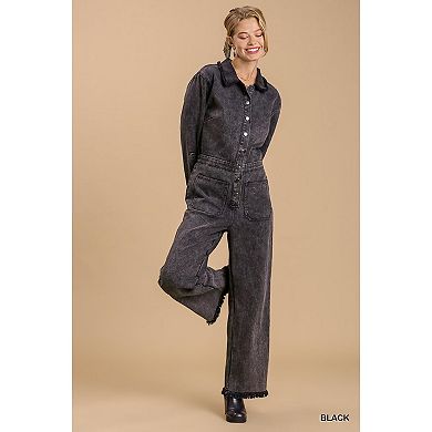 Mid Button Down Stone Wash Wide Leg Distressed Jumpsuit With Side Pockets