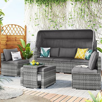 Merax Outdoor 6-piece Garden Furniture Set, Pe Wicker Rattan Sectional Sofa Set