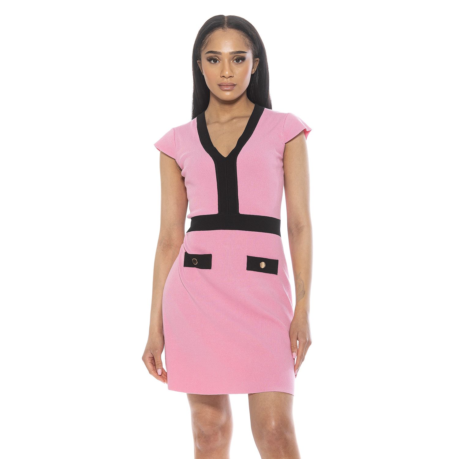 Женские платья ALEXIA ADMOR Rhea Knit V-Neck Contrast Trimmed Fit & Flare Mini Dress