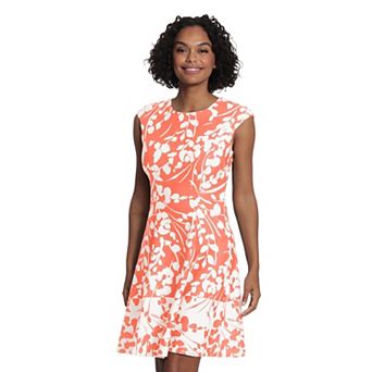 Women's London Times Floral Print Cap Sleeve Fit and Flare Dress