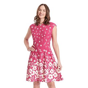 Women's London Times Floral Print Cap Sleeve Fit and Flare Dress