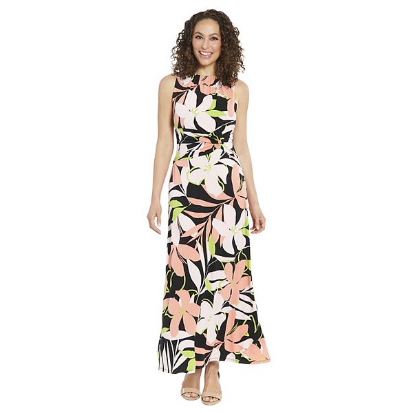 Women's London Times Tropical Floral Print Side Twist Sleeveless Maxi Dress