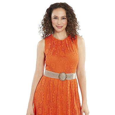 Women's London Times Oval Crochet Jewel Neck Belted Dress