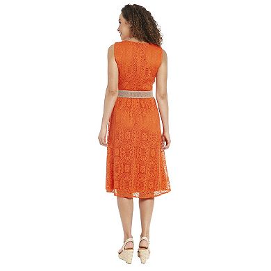 Women's London Times Oval Crochet Jewel Neck Belted Dress