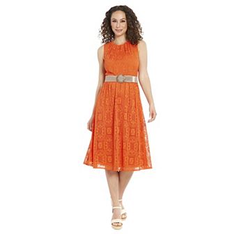 Women's London Times Oval Crochet Jewel Neck Belted Dress