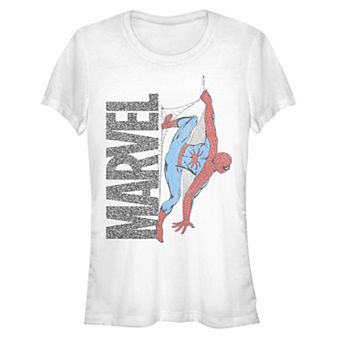 Juniors' Spider-Man Hanging From The Marvel Logo Graphic Tee