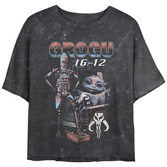 Juniors' The Mandalorian Grogu IG-12 Portrait Mineral Wash Crop Top Graphic Tee