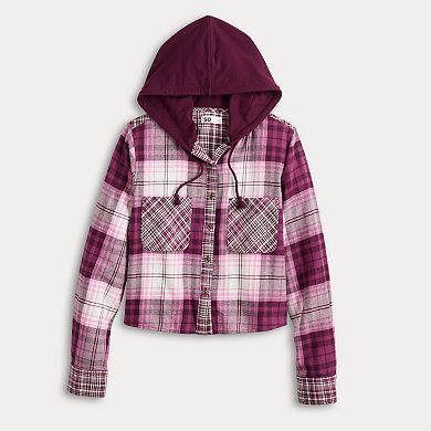 Juniors' SO® Hooded Shrunken Button Down Shirt