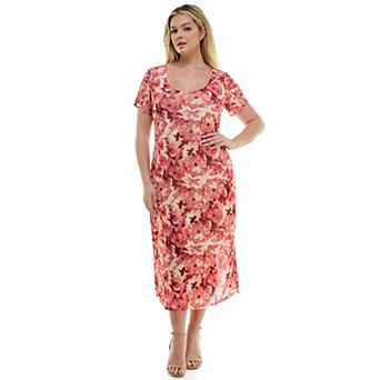 Juniors' Plus Size As U Wish Mesh Scoop Neck Side Slit Bodycon Midi Dress