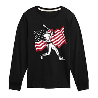 Boys 8-20 Baseball Player American Flag Long Sleeve Graphic Tee