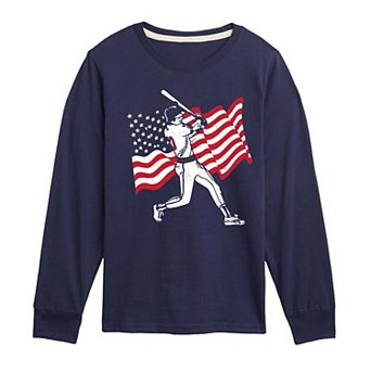 Boys 8-20 Baseball Player American Flag Long Sleeve Graphic Tee