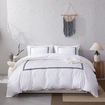 Herringbone Embroidered 500 Thread Count Cotton Sateen Duvet Cover Set