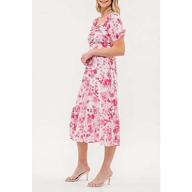 August Sky Women's Floral Puff Sleeve Pleated Front Midi Dress