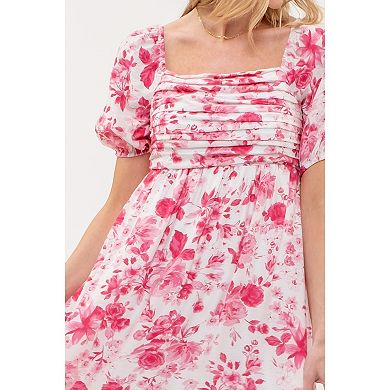 August Sky Women's Floral Puff Sleeve Pleated Front Midi Dress