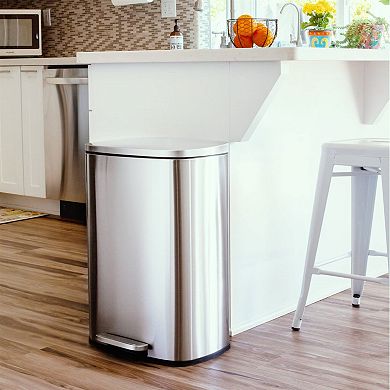 13 Gallon Brushed Stainless Steel Kitchen Trash Can With Step Open Lid