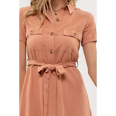 August Sky Women's Flap Pockets Collared Belted Shirtdress