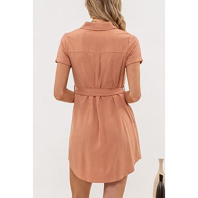 August Sky Women's Flap Pockets Collared Belted Shirtdress